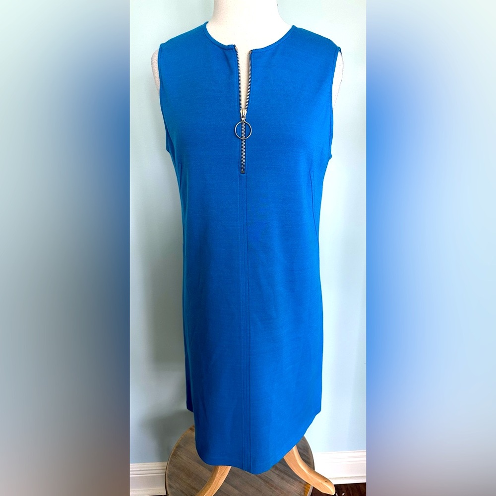 ST. JOHN cobalt blue wool blend sleeveless knit shift dress size 10